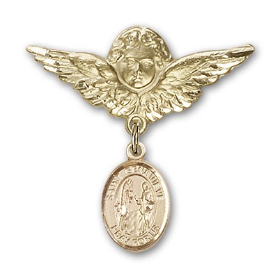 Pin Badge with St. Genevieve Charm and Angel with Larger Wings Badge Pin - Gold Tone