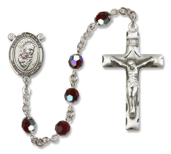 Blessed Trinity Sterling Silver Heirloom Rosary Squared Crucifix - Garnet