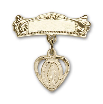 Pin Badge with Miraculous Charm and Arched Polished Engravable Badge Pin - 14K Solid Gold