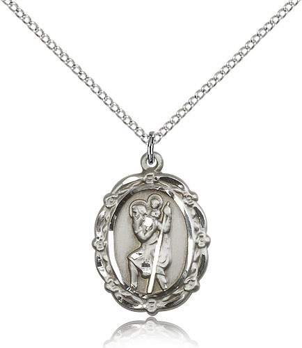 Floral Border Oval St. Christopher Necklace - Sterling Silver