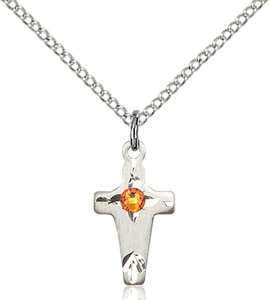 Square Edge Child's Cross Pendant with Birthstone Options - Topaz