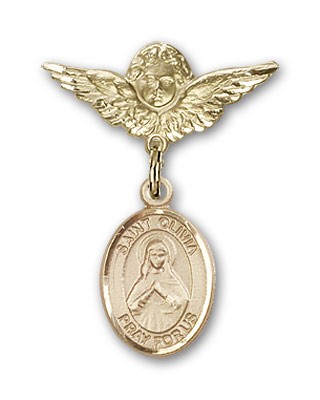 Pin Badge with St. Olivia Charm and Angel with Smaller Wings Badge Pin - 14K Solid Gold