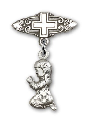 Baby Pin with Praying Girl Charm and Badge Pin with Cross - Silver tone