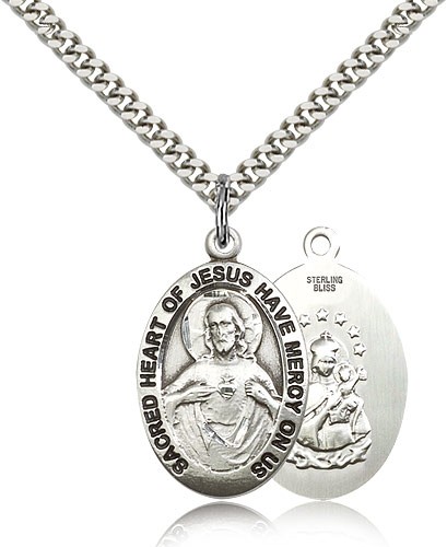 Raised Border Learn of Me Men's Scapular Necklace - Sterling Silver