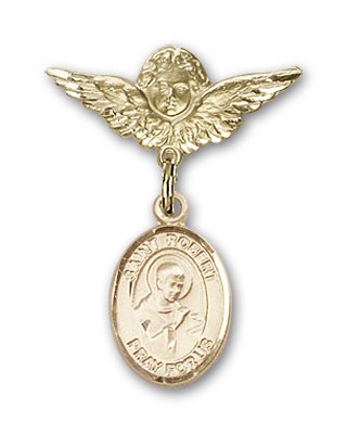 Pin Badge with St. Robert Bellarmine Charm and Angel with Smaller Wings Badge Pin - Gold Tone