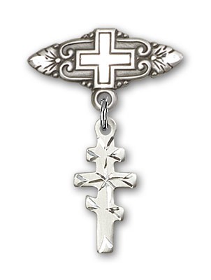 Pin Badge with Greek Orthadox Cross Charm and Badge Pin with Cross - Silver tone