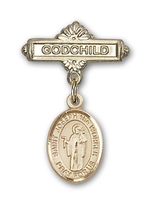 Pin Badge with St. Joseph the Worker Charm and Godchild Badge Pin - Gold Tone