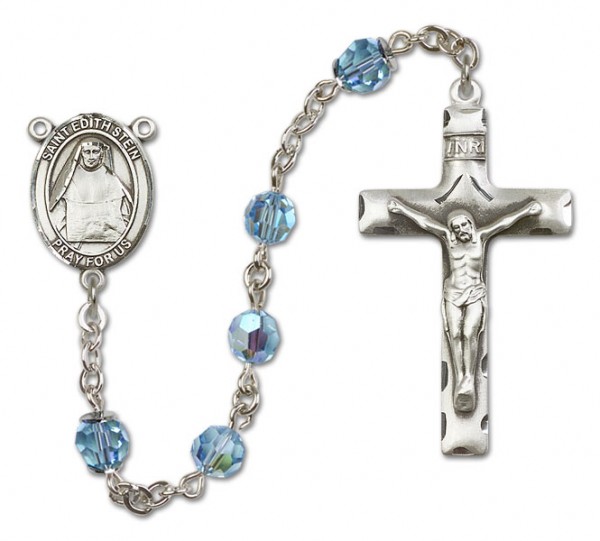 St. Edith Stein Sterling Silver Heirloom Rosary Squared Crucifix - Aqua