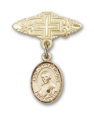Pin Badge with St. John Neumann Charm and Badge Pin with Cross - Gold Tone