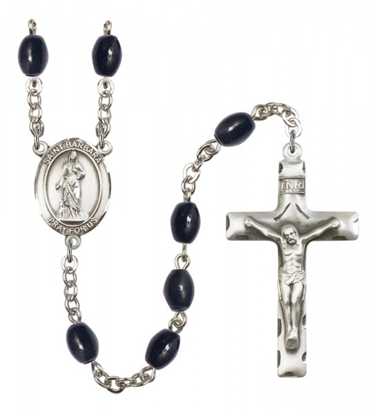 Men's St. Barbara Silver Plated Rosary - Black Oval