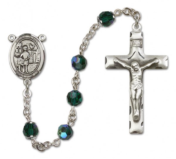 St. Vitus Sterling Silver Heirloom Rosary Squared Crucifix - Emerald Green