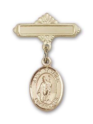 Pin Badge with St. Patrick Charm and Polished Engravable Badge Pin - 14K Solid Gold