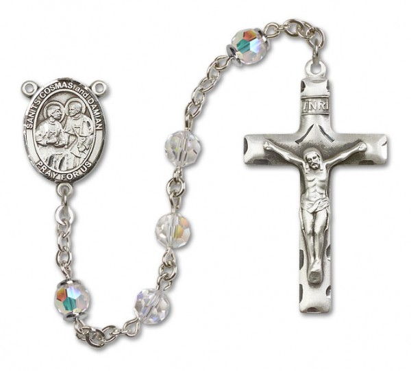 Saints Cosmas and Damian Sterling Silver Heirloom Rosary Squared Crucifix - Crystal