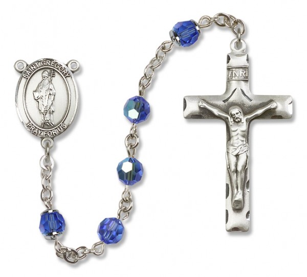 St. Gregory the Great Sterling Silver Heirloom Rosary Squared Crucifix - Sapphire