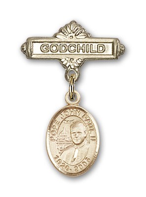 Baby Badge with Pope John Paul II Charm and Godchild Badge Pin - 14K Solid Gold