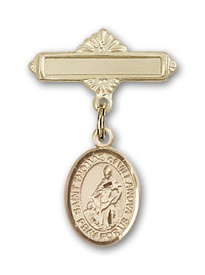 Pin Badge with St. Thomas of Villanova Charm and Polished Engravable Badge Pin - 14K Solid Gold