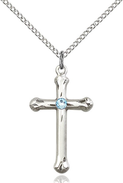 Teardrop Edge Cross Pendant with Birthstone Options - Aqua