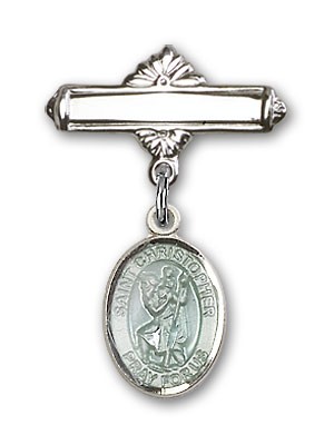 Pin Badge with St. Christopher Charm and Polished Engravable Badge Pin - Silver | Blue