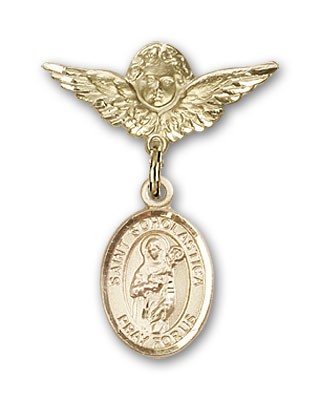 Pin Badge with St. Scholastica Charm and Angel with Smaller Wings Badge Pin - 14K Solid Gold