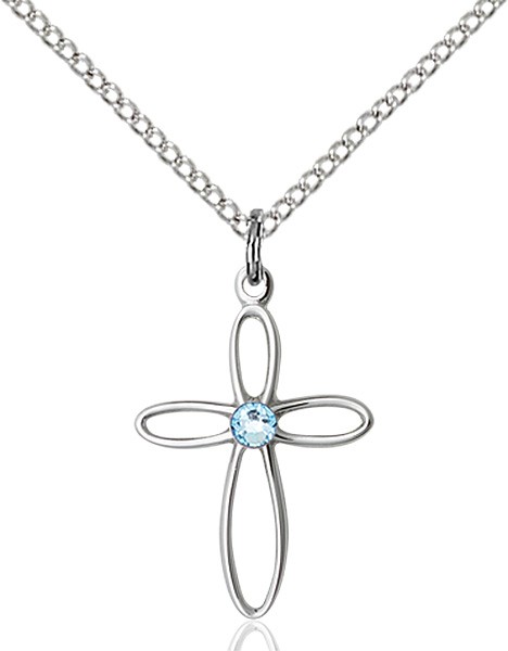 Cut-Out Cross Pendant with Birthstone Options - Aqua