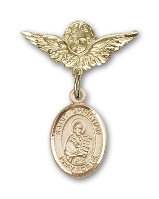 Pin Badge with St. Christian Demosthenes Charm and Angel with Smaller Wings Badge Pin - 14K Solid Gold