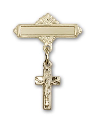 Pin Badge with Crucifix Charm and Polished Engravable Badge Pin - Gold Tone