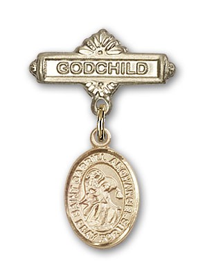 Pin Badge with St. Gabriel the Archangel Charm and Godchild Badge Pin - Gold Tone