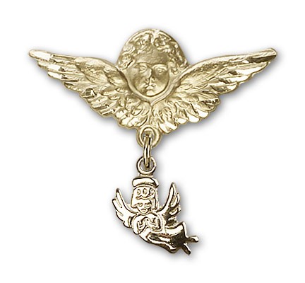 Baby Pin with Guardian Angel Charm and Angel with Larger Wings Badge Pin - Gold Tone