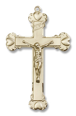 Men's Heart Tip Crucifix Pendant - 14K Solid Gold