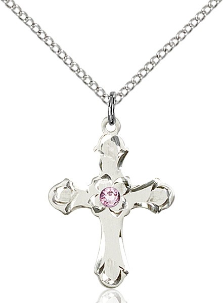 Medium Budded Cross Pendant with Etched Border Birthstone Options - Light Amethyst