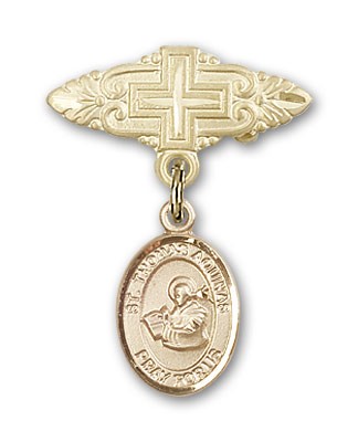 Pin Badge with St. Thomas Aquinas Charm and Badge Pin with Cross - Gold Tone