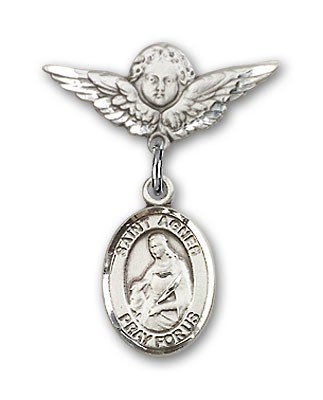 Pin Badge with St. Agnes of Rome Charm and Angel with Smaller Wings Badge Pin - Silver tone