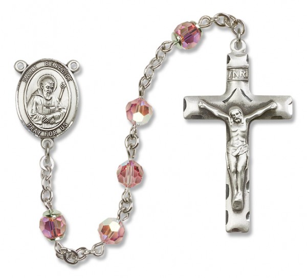St. Benedict Sterling Silver Heirloom Rosary Squared Crucifix - Light Rose