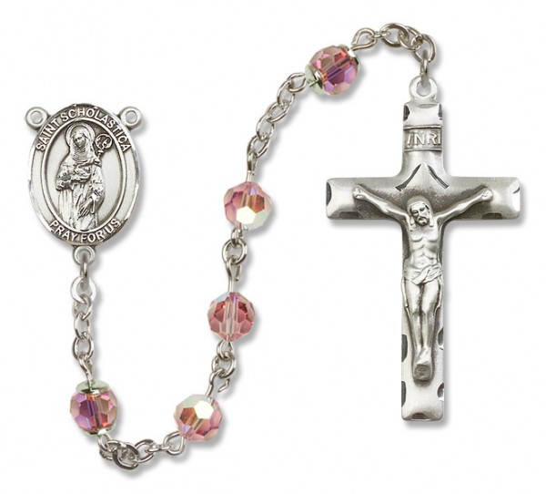 St. Scholastica Sterling Silver Heirloom Rosary Squared Crucifix - Light Rose