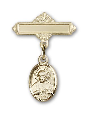 Baby Pin with Scapular Charm and Polished Engravable Badge Pin - Gold Tone