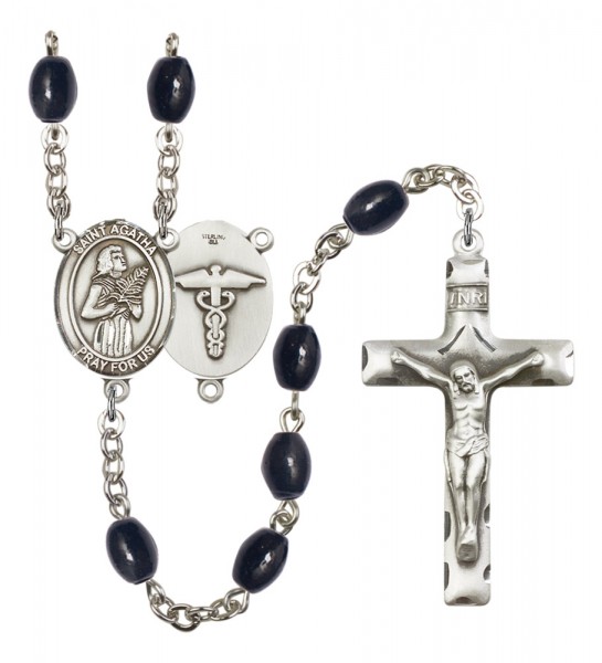 Men's St. Agatha Nurse Silver Plated Rosary - Black Oval