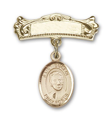 Pin Badge with St. Eugene de Mazenod Charm and Arched Polished Engravable Badge Pin - 14K Solid Gold