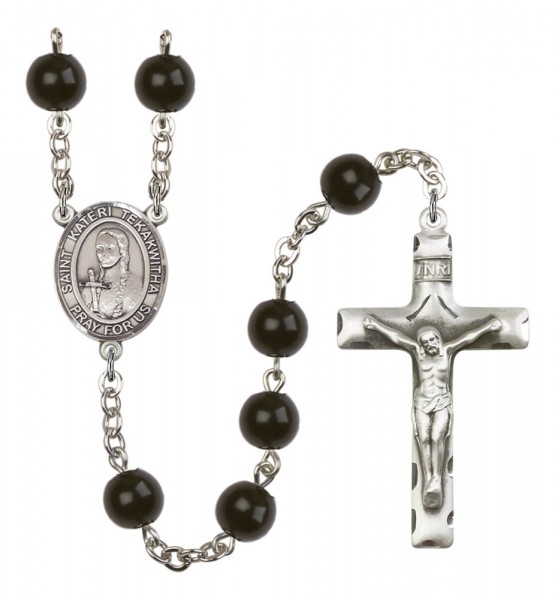 Men's St. Kateri Tekakwitha Silver Plated Rosary - Black