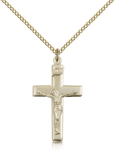 Women's High Polish Block Style Crucifix Necklace - 14KT Gold Filled