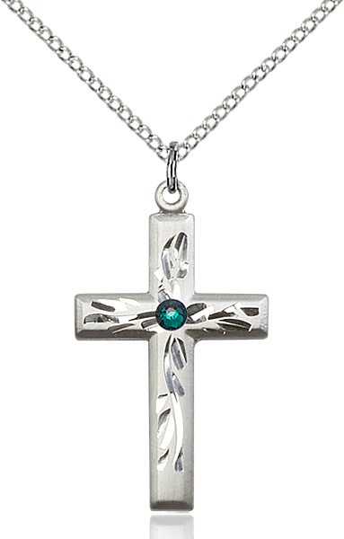 Squared Edge Cross with Vine Etching with Birthstone Options - Emerald Green