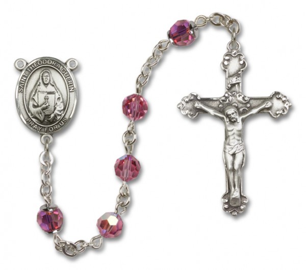 St. Theodora Guerin Sterling Silver Heirloom Rosary Fancy Crucifix - Rose