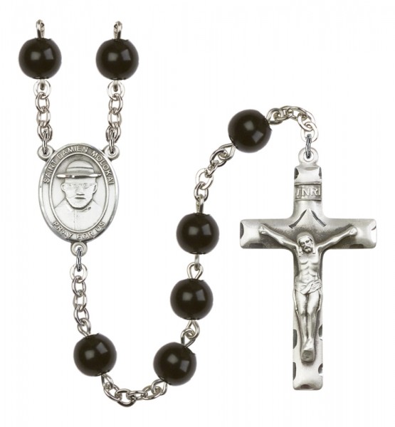 Men's St. Damien of Molokai Silver Plated Rosary - Black
