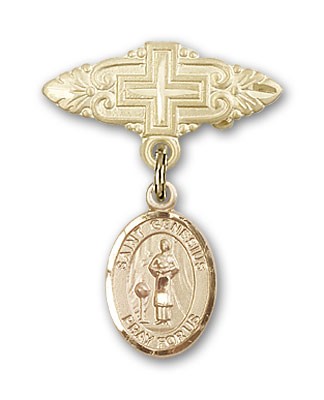 Pin Badge with St. Genesius of Rome Charm and Badge Pin with Cross - Gold Tone