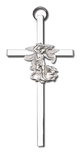 St. Michael Wall Cross 4&quot; - Silver tone