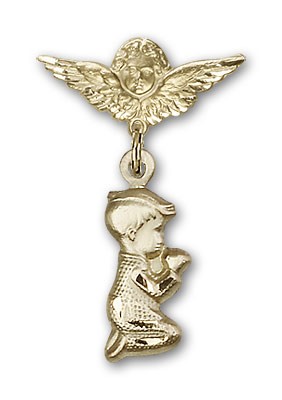 Baby Pin with Praying Boy Charm and Angel with Smaller Wings Badge Pin - 14K Solid Gold
