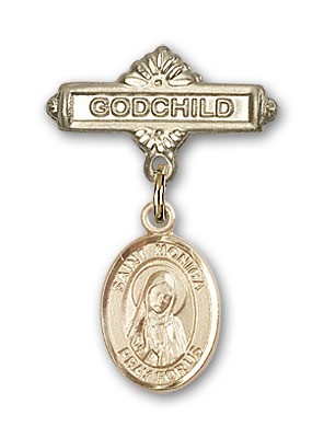 Pin Badge with St. Monica Charm and Godchild Badge Pin - 14K Solid Gold
