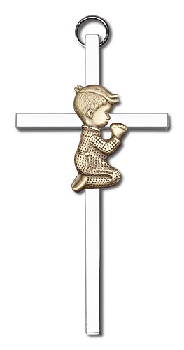 Praying Boy Cross  4&quot; - Two-Tone Silver