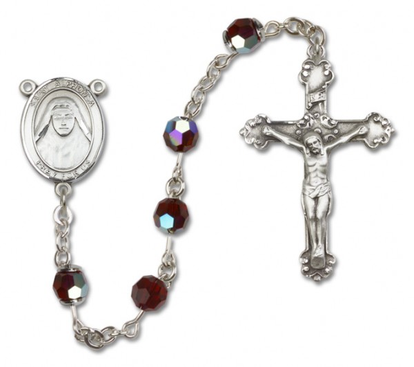 St. Alphonsa Sterling Silver Heirloom Rosary Fancy Crucifix - Garnet