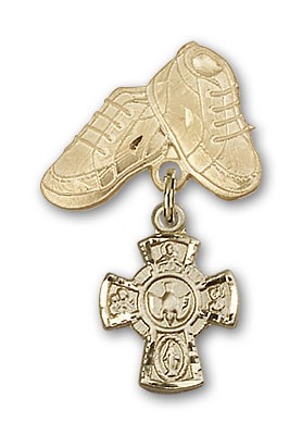 Baby Badge with Red 5-Way Charm and Baby Boots Pin - Gold Tone