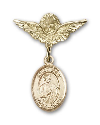 Pin Badge with St. Jude Thaddeus Charm and Angel with Smaller Wings Badge Pin - 14K Solid Gold